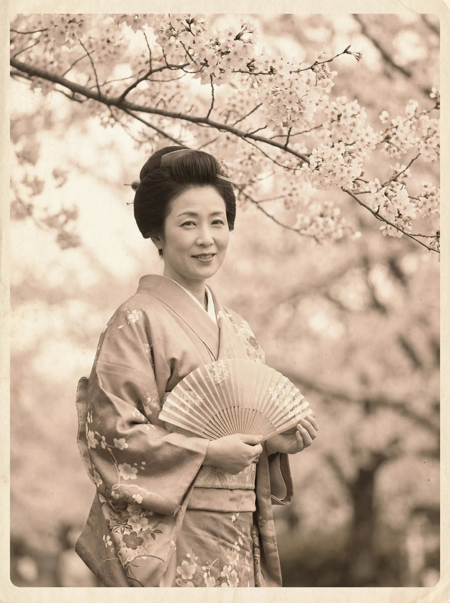 一位持扇的优雅 2012中文字幕 在樱花树下的复古写真