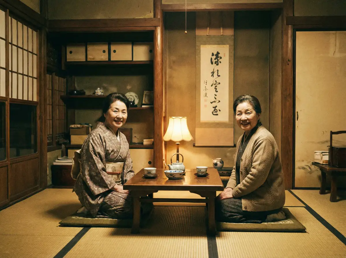 两位优雅的 2012中文字幕 在日式茶室中品茶交谈